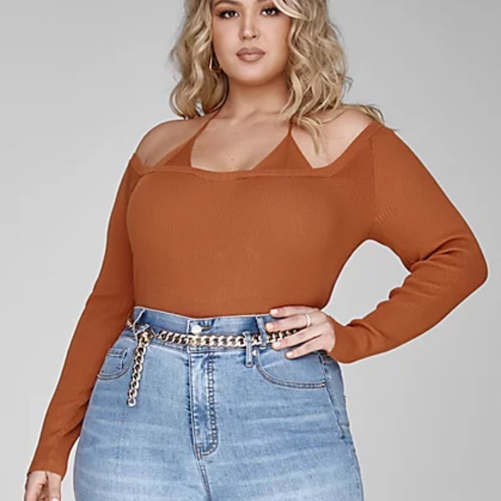 #83❤️ New Fashion to Figure Malika Halter Strap Ribbed Knit Sweater